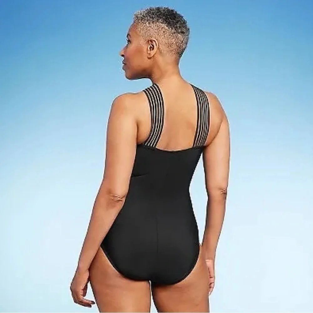 Aqua Green Black Crossover Neckline One Piece‎ Bathing Suit size Small